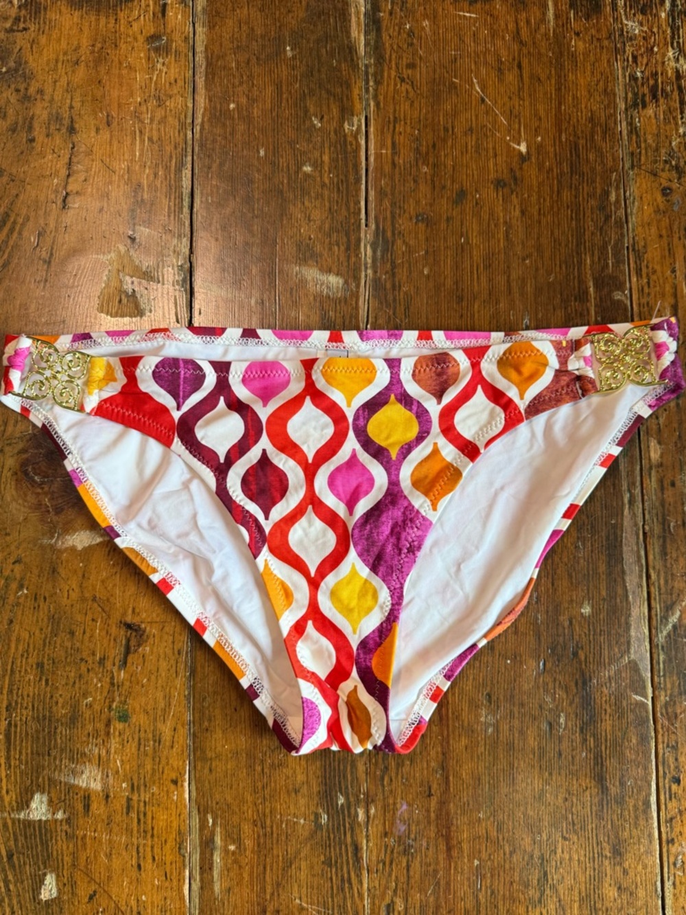 Trina Turk Pink Red Orange Yellow Geometric Bikini Swim Bottom Size 10